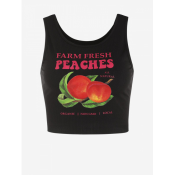 Women Tank Tops Peaches Letter Print Sleeveless Round Collar High Stretch Crop Summer Tank Top M Black