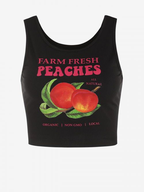 Women Tank Tops Peaches Letter Print Sleeveless Round Collar High Stretch Crop Summer Tank Top M Black