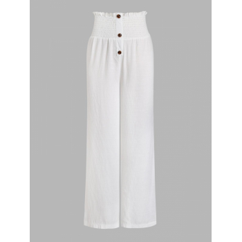 Mock Button Shirred Waist Wide Leg Sailor Pants S White