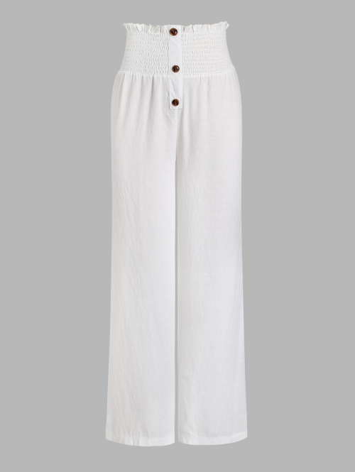 Mock Button Shirred Waist Wide Leg Sailor Pants S White