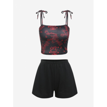 Oriental Dragon Tie Shoulder Top and Shorts Set L Black