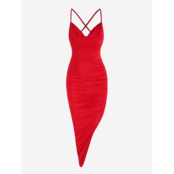 Mini Dress Criss Cross Lace Up Backless Ruched Draped Asymmetrical Hem Midi Vegas Dress L Red