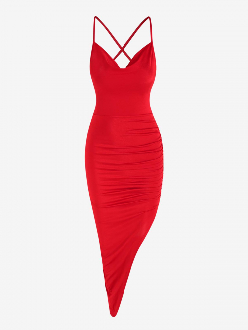 Mini Dress Criss Cross Lace Up Backless Ruched Draped Asymmetrical Hem Midi Vegas Dress L Red