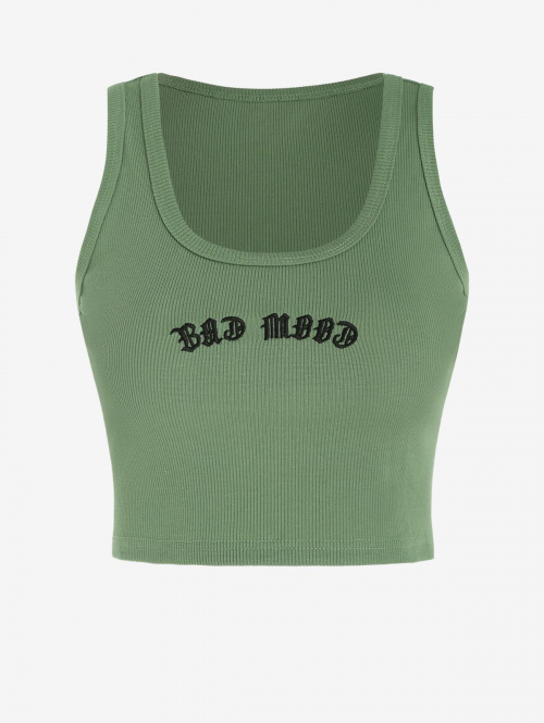 Women Tank Tops Ribbed Letter Embroidered Crop Tank Top L Green