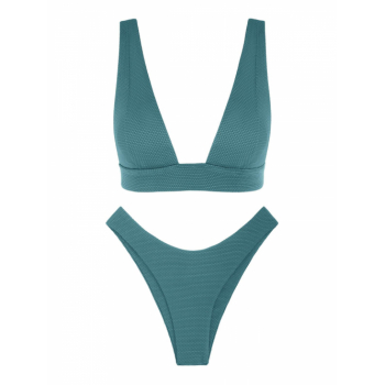 ZAFUL Textured Plunge High Cut Bikini Swimwear M Deep green