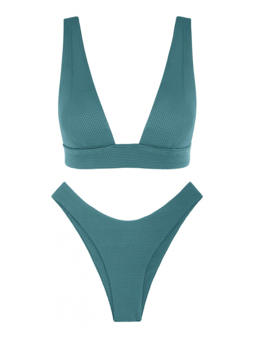 ZAFUL Textured Plunge High Cut Bikini Swimwear M Deep green