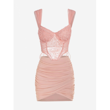 Underwire Sheer Mesh Floral Applique Corset-style Tank Top and Ruched Mesh Overlay Slinky Skirt Set Light pink