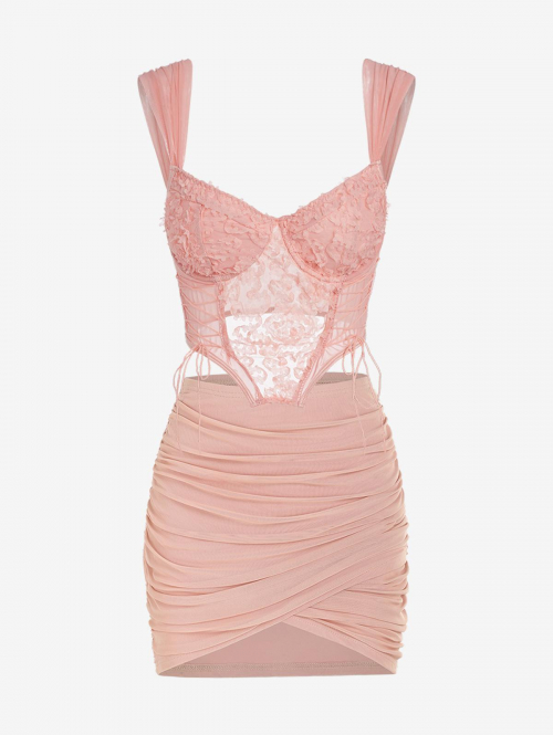 Underwire Sheer Mesh Floral Applique Corset-style Tank Top and Ruched Mesh Overlay Slinky Skirt Set Light pink