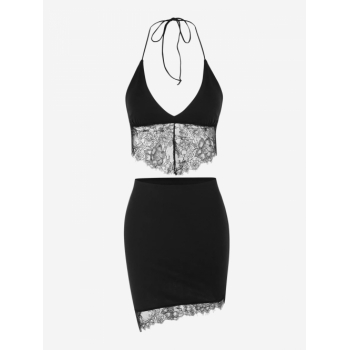 Matching Lace Panel Tie Backless Top and Asymmetrical Hem Skirt Set M Black