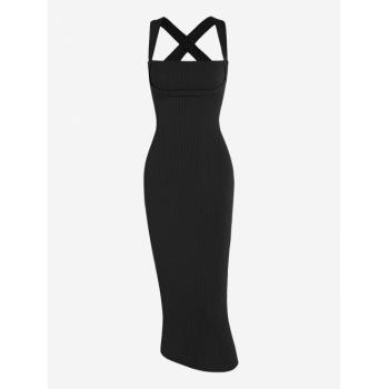 Bodycon Dress Women's Crisscross Tied Backless Rib Midi Bodycon Vegas Dress L Black