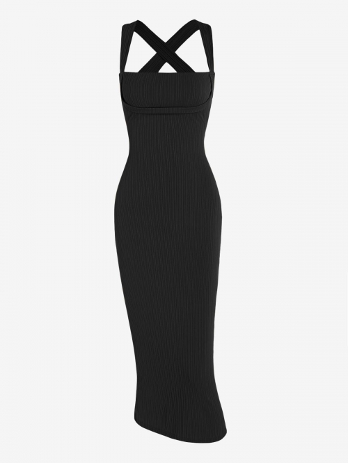 Bodycon Dress Women's Crisscross Tied Backless Rib Midi Bodycon Vegas Dress L Black