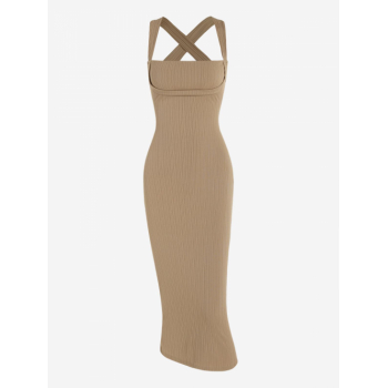 Bodycon Dress Women's Crisscross Tied Backless Rib Midi Bodycon Vegas Dress L Light coffee