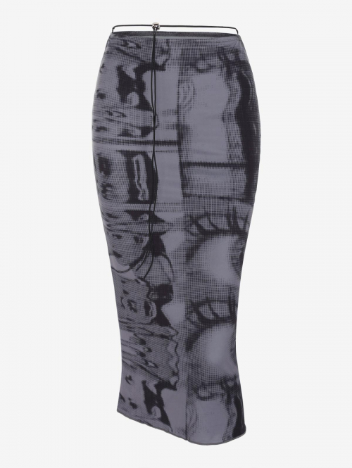 Tie Dye Illusion Printed Tie Slinky Midi Skirt M Gray