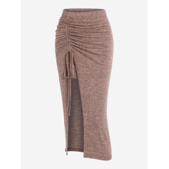 ZAFUL Heather Knitted Cinched Thigh Split Midi Skirt M Deep coffee