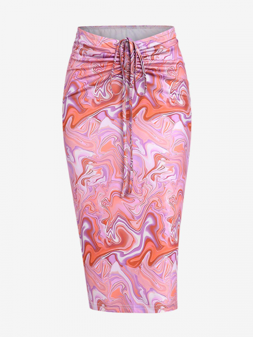 ZAFUL Cinched Psychedelic Swirl Marble Printed Midi Skirt M Light pink