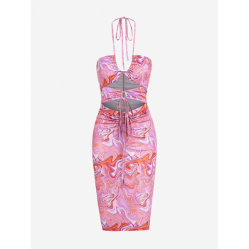 Mini Dress ZAFUL Ruched Psychedelic Swirl Marble Printed Cut Out Cinched Slinky Dress M Light pink