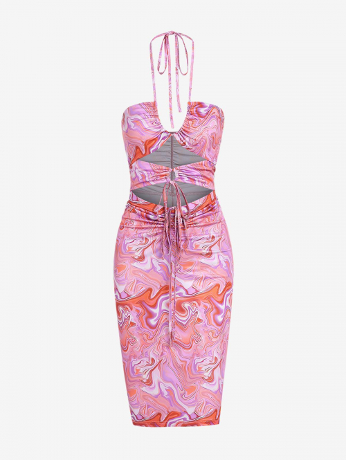 Mini Dress ZAFUL Ruched Psychedelic Swirl Marble Printed Cut Out Cinched Slinky Dress M Light pink