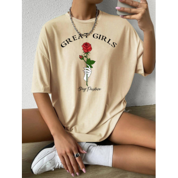 Fashion Women Tees Great Girls Rose In Hand Print Drop Shoulder T Shirt Xl Light coffee