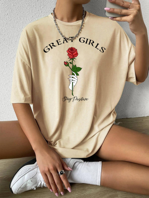 Fashion Women Tees Great Girls Rose In Hand Print Drop Shoulder T Shirt Xl Light coffee