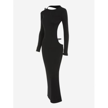 Long Sleeve Jersey Backless Thigh Split Long Sleeve Maxi Dress M Black