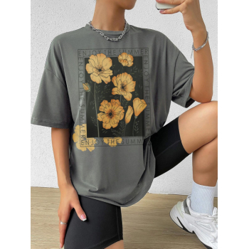 Fashion Women Tees Letter Floral Graphic Printed Short Sleeve Oversized T-shirt M Light gray