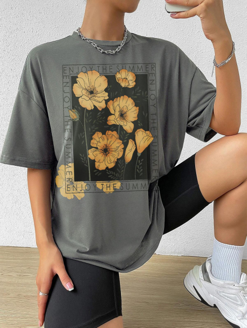 Fashion Women Tees Letter Floral Graphic Printed Short Sleeve Oversized T-shirt M Light gray