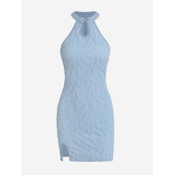 Bodycon Dress ZAFUL Textured Frog Button Keyhole Sleeveless Slit Bodycon Dress L Light blue