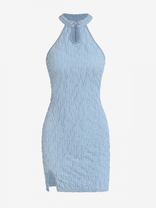 Bodycon Dress ZAFUL Textured Frog Button Keyhole Sleeveless Slit Bodycon Dress L Light blue