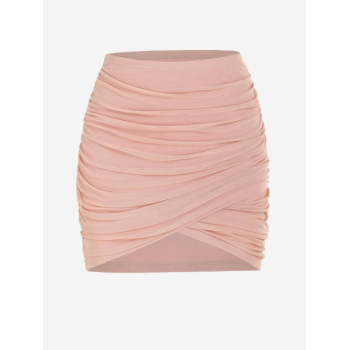 Ruched Mesh Overlay Slinky Mini Skirt L Light pink