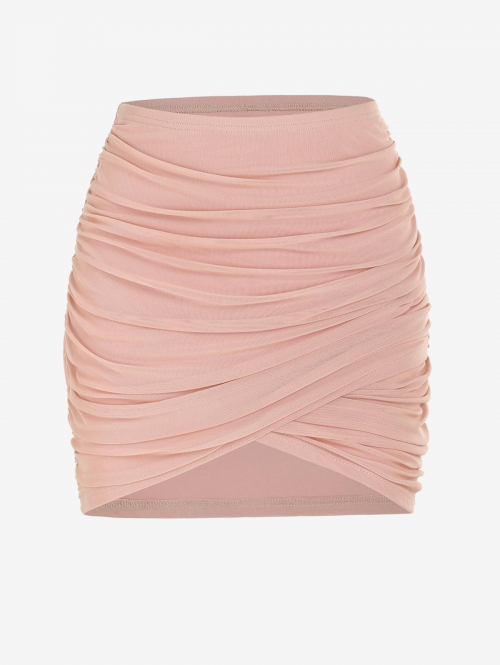 Ruched Mesh Overlay Slinky Mini Skirt L Light pink