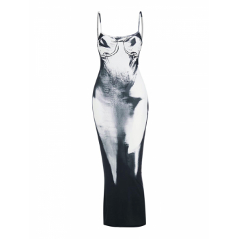 Mini Dress Abstract Trompe l'oeil Printed Back Slit Slinky Cami Midi Dress L Black