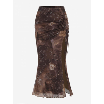 Cinched Front Abstract Printed Mesh Overlay Thigh Slit Skirt M Coffee