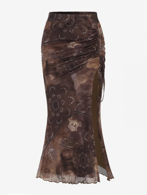 Cinched Front Abstract Printed Mesh Overlay Thigh Slit Skirt M Coffee