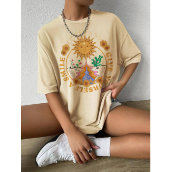 Fashion Women Tees Sun Floral Letter Graphic Printed Short Sleeve Oversized T-shirt L Light coffee