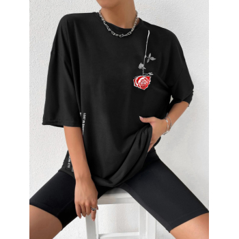 Fashion Women Tees Letter Rose Graphic Printed Short Sleeve Oversized T-shirt S Black