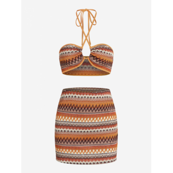 ZAFUL Matching Zig Zag Stripes Knit Criss Cross Halter Top and Skirt M Orange