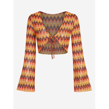 Women Blouses ZAFUL Tie Front Flare Sleeve Zig Zag Knit Cropped Top M Orange