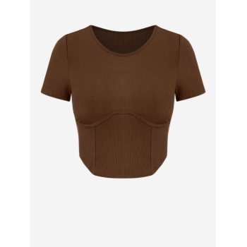 Fashion Women Tees ZAFUL Ribbed Textured Plain Short Sleeves Corset Style Baby Crop Tee M Deep coffee