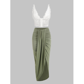 Women's Two Piece Dress Sexy Hook Front See Thru Lace Plunging Crop Tank Top And Draped Ruched Slinky Maxi Skirt Set Green