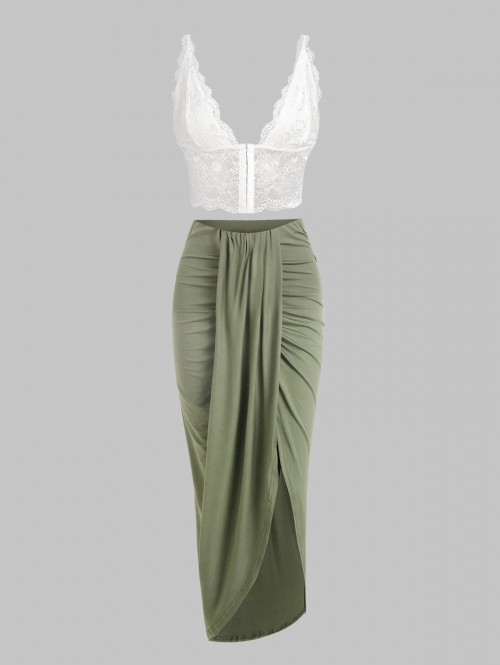 Women's Two Piece Dress Sexy Hook Front See Thru Lace Plunging Crop Tank Top And Draped Ruched Slinky Maxi Skirt Set Green