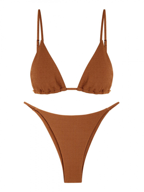 ZAFUL Textured Tie String Bikini Swimwear M Light brown