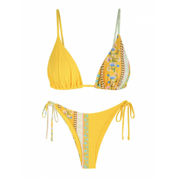 ZAFUL Ribbed Boho Printed String Bikini Swimwear S Yellow