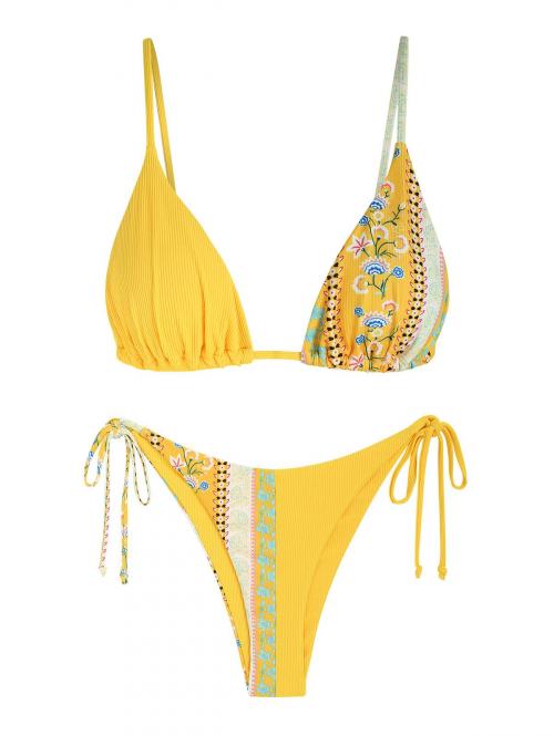 ZAFUL Ribbed Boho Printed String Bikini Swimwear S Yellow