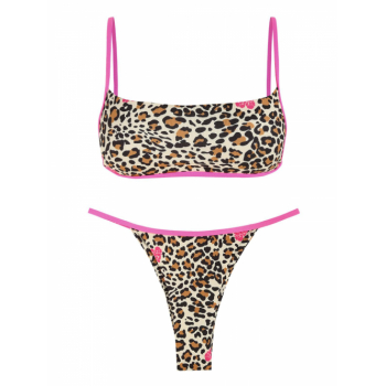 ZAFUL Leopard Ribbed Neon Binding String Bikini Swimwear M Light coffee