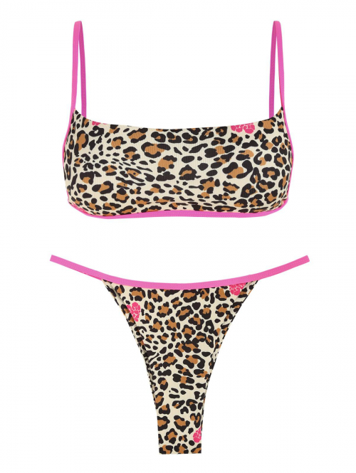 ZAFUL Leopard Ribbed Neon Binding String Bikini Swimwear M Light coffee