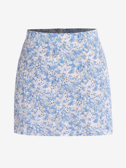 ZAFUL Floral Embroidered Eyelet Mini Skirt S Light blue