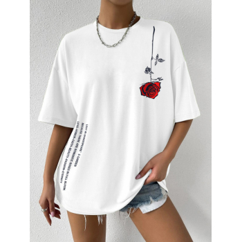 Fashion Women Tees Letter Rose Graphic Printed Short Sleeve Oversized T-shirt M White