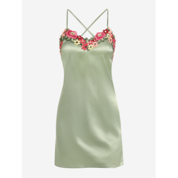 Mini Dress ZAFUL Silky Criss Cross Floral Embroidered Patched Slip Dress M Light green