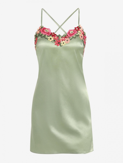 Mini Dress ZAFUL Silky Criss Cross Floral Embroidered Patched Slip Dress M Light green