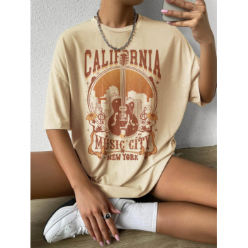 Fashion Women Tees Vintage Letter Guitars Graphic Printed Short Sleeve Oversized T-shirt M Light coffee